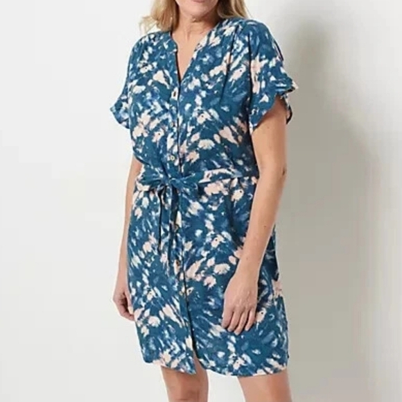 Denim & Co Ruffle Sleeve Linen Swim Cover-Up Dress, Peacock Tie Dye **NO BELT** - Picture 1 of 10